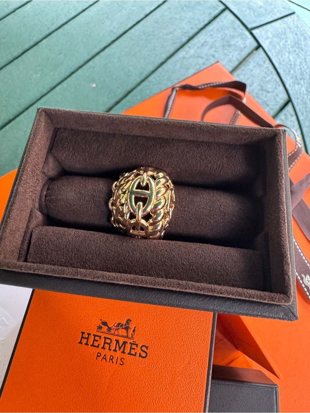 Hermes 18k Gold Chain D’ancre Chain-Link 'H' Ring